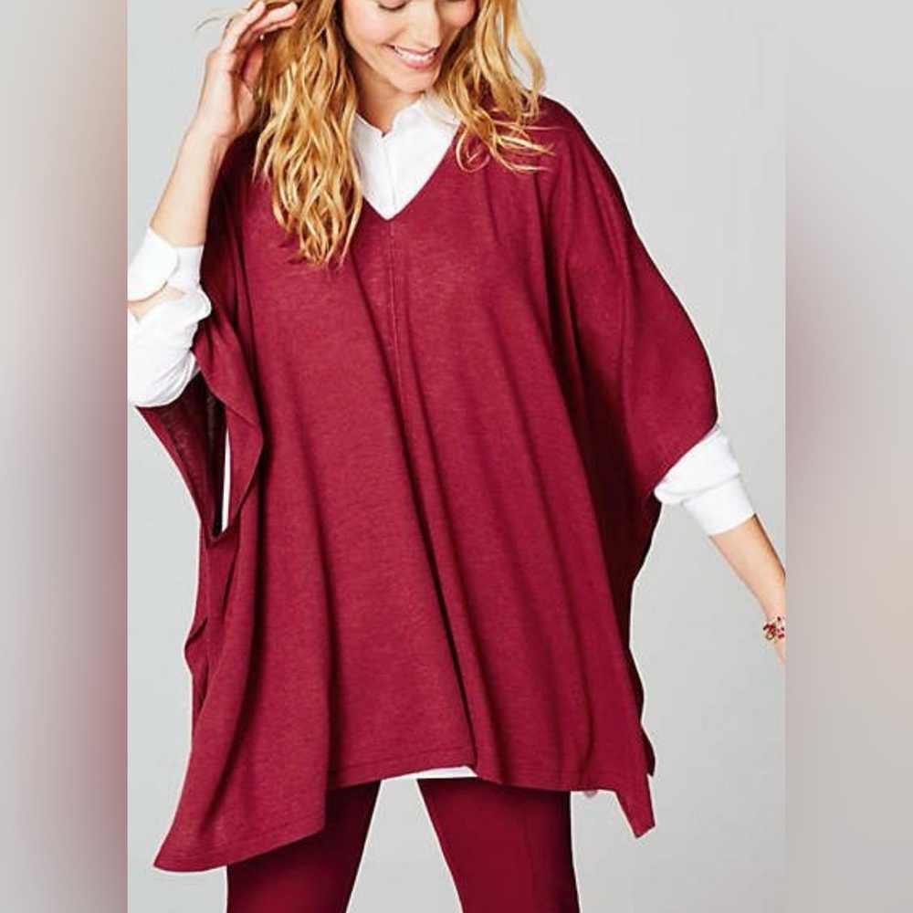 J. JILL Merino Wool Blend Minimalist Lagenlook Wine V-Neck Poncho One Size